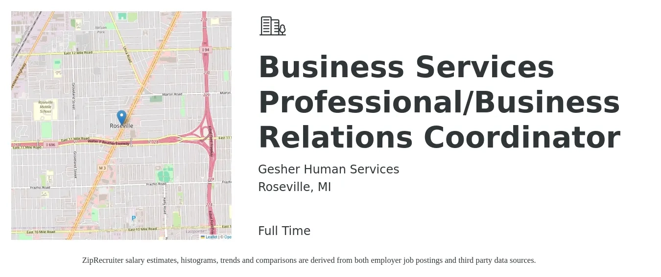 Gesher Human Services job posting for a Business Services Professional/Business Relations Coordinator in Roseville, MI with a salary of $38,600 to $59,000 Yearly with a map of Roseville location.