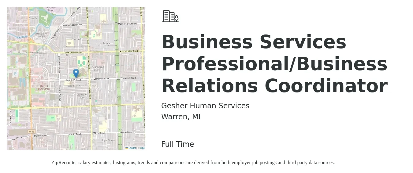 Gesher Human Services job posting for a Business Services Professional/Business Relations Coordinator in Warren, MI with a salary of $40,300 to $61,600 Yearly with a map of Warren location.