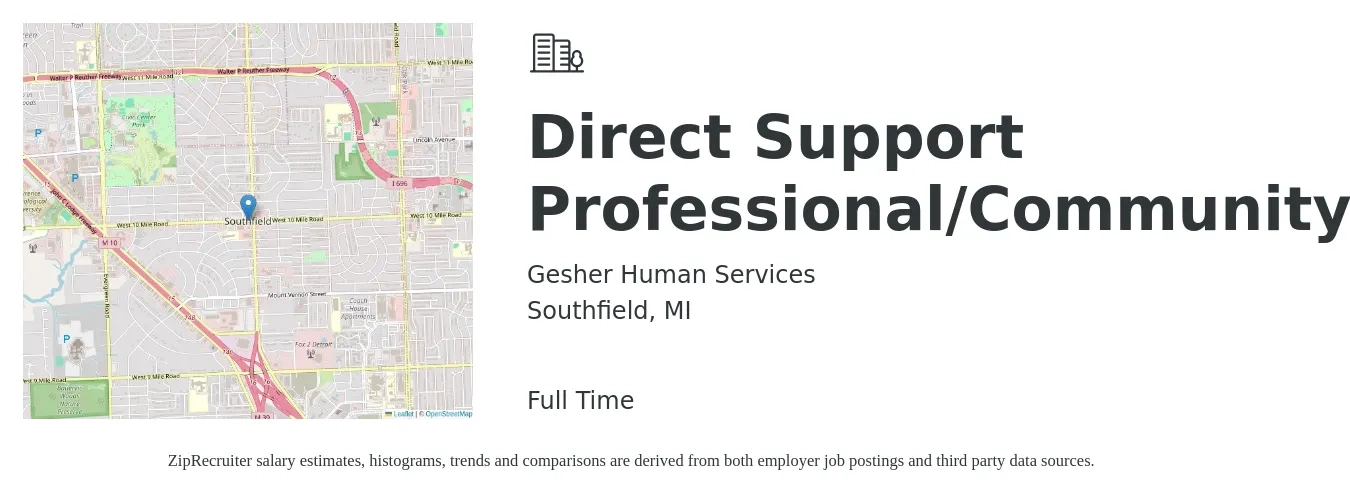 Gesher Human Services job posting for a Direct Support Professional/Community in Southfield, MI with a salary of $14 to $17 Hourly with a map of Southfield location.