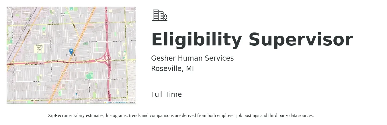 Gesher Human Services job posting for a Eligibility Supervisor in Roseville, MI with a salary of $41,700 to $54,400 Yearly with a map of Roseville location.