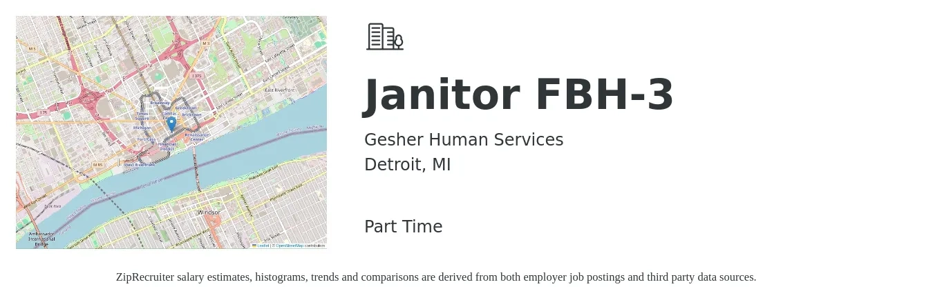 Gesher Human Services job posting for a Janitor FBH-3 in Detroit, MI with a salary of $14 to $18 Hourly with a map of Detroit location.