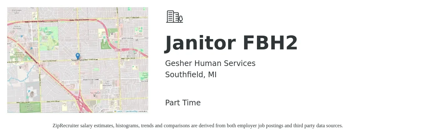 Gesher Human Services job posting for a Janitor FBH2 in Southfield, MI with a salary of $13 to $17 Hourly with a map of Southfield location.