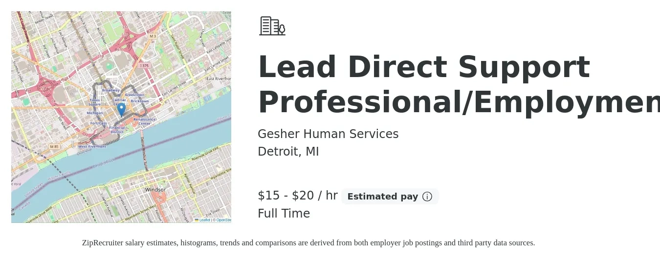 Gesher Human Services job posting for a Lead Direct Support Professional/Employment in Detroit, MI with a salary of $16 to $21 Hourly with a map of Detroit location.