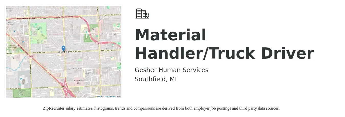 Gesher Human Services job posting for a Material Handler/Truck Driver in Southfield, MI with a salary of $17 to $21 Hourly with a map of Southfield location.