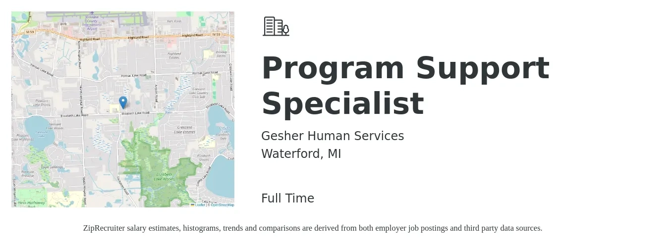 Gesher Human Services job posting for a Program Support Specialist in Waterford, MI with a salary of $41,800 to $77,300 Yearly with a map of Waterford location.