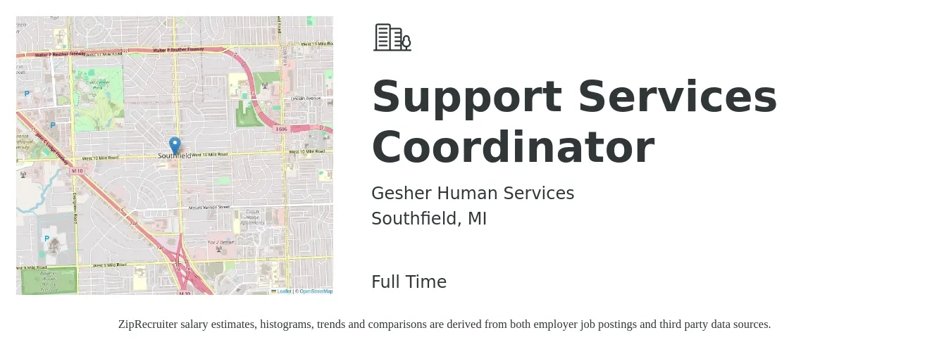 Gesher Human Services job posting for a Support Services Coordinator in Southfield, MI with a salary of $19 to $25 Hourly with a map of Southfield location.