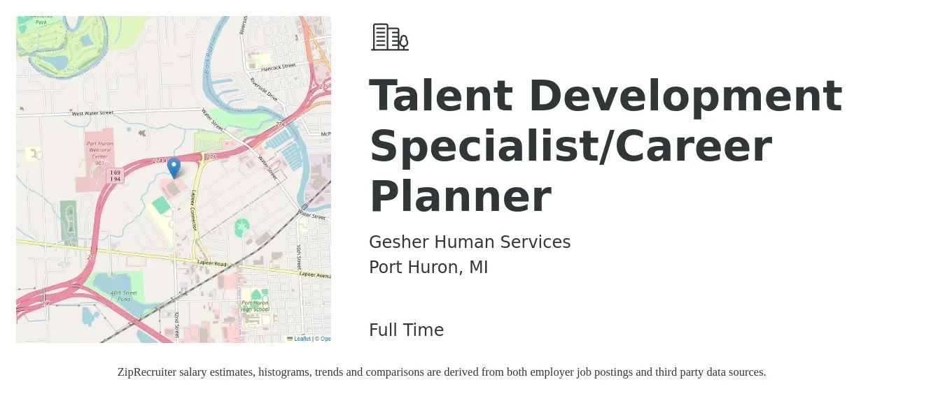 Gesher Human Services job posting for a Talent Development Specialist/Career Planner in Port Huron, MI with a salary of $46,900 to $77,800 Yearly with a map of Port Huron location.