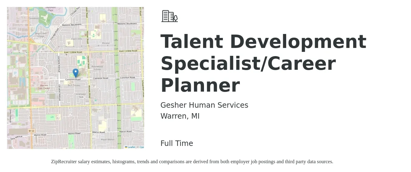 Gesher Human Services job posting for a Talent Development Specialist/Career Planner in Warren, MI with a salary of $47,400 to $78,600 Yearly with a map of Warren location.