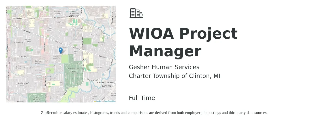 Gesher Human Services job posting for a WIOA Project Manager in Charter Township of Clinton, MI with a salary of $69,400 to $98,400 Yearly with a map of Charter Township of Clinton location.