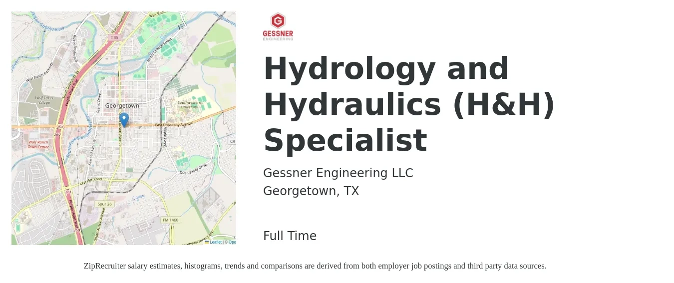 Gessner Engineering LLC job posting for a Hydrology and Hydraulics (H&H) Specialist in Georgetown, TX with a salary of $41,800 to $65,000 Yearly with a map of Georgetown location.