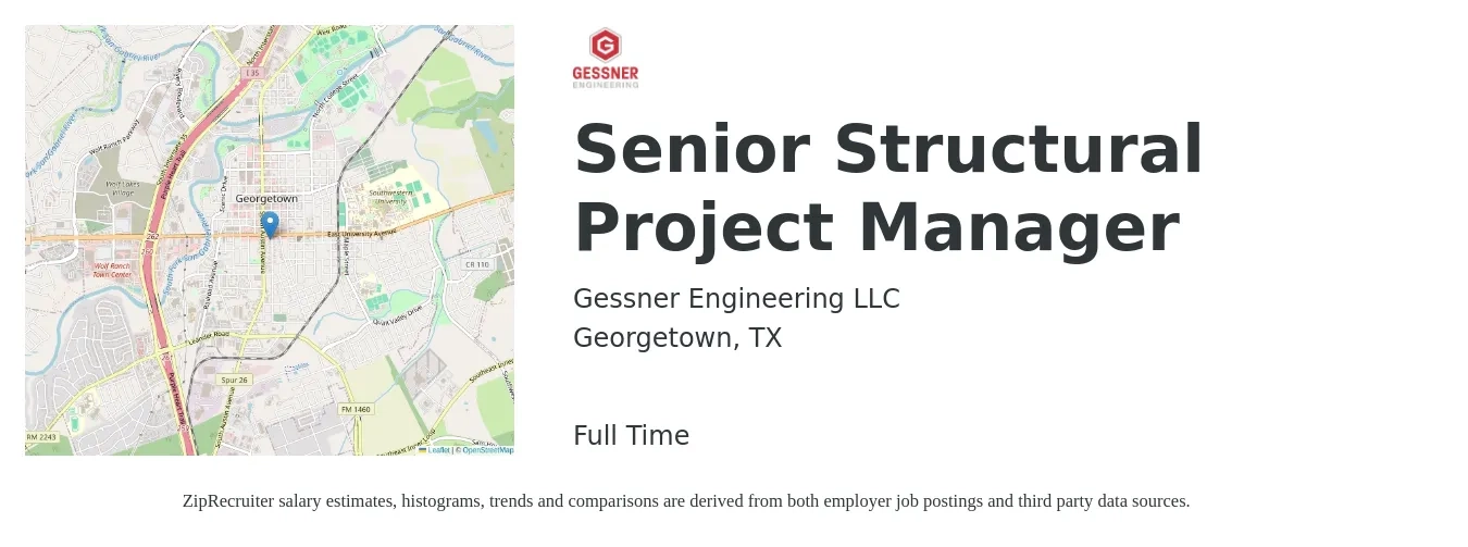 Gessner Engineering LLC job posting for a Senior Structural Project Manager in Georgetown, TX with a salary of $93,400 to $126,800 Yearly with a map of Georgetown location.
