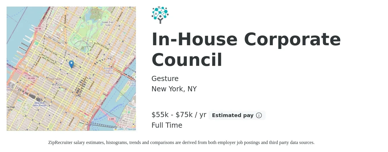 Gesture job posting for a In-House Corporate Council in New York, NY with a salary of $55,000 to $75,000 Yearly with a map of New York location.