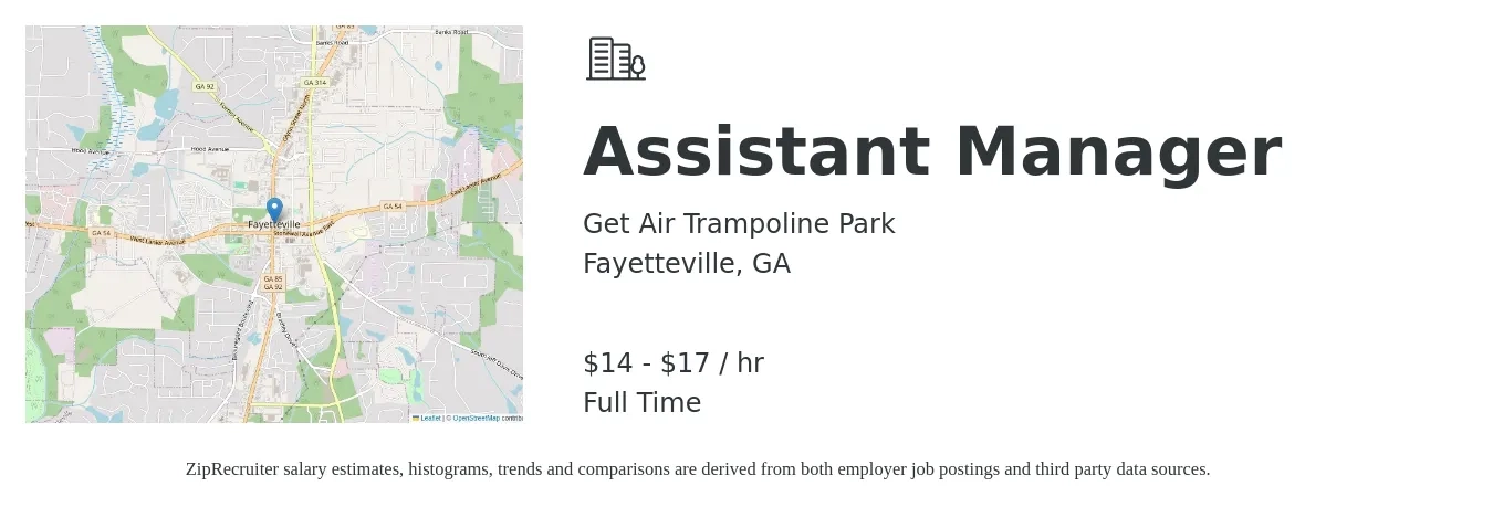Get Air Trampoline Park job posting for a Assistant Manager in Fayetteville, GA with a salary of $15 to $18 Hourly with a map of Fayetteville location.