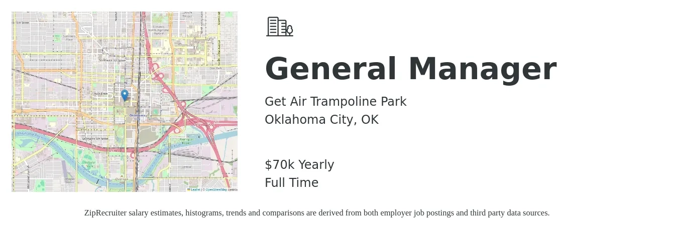 Get Air Trampoline Park job posting for a General Manager in Oklahoma City, OK with a salary of $70,000 Yearly with a map of Oklahoma City location.
