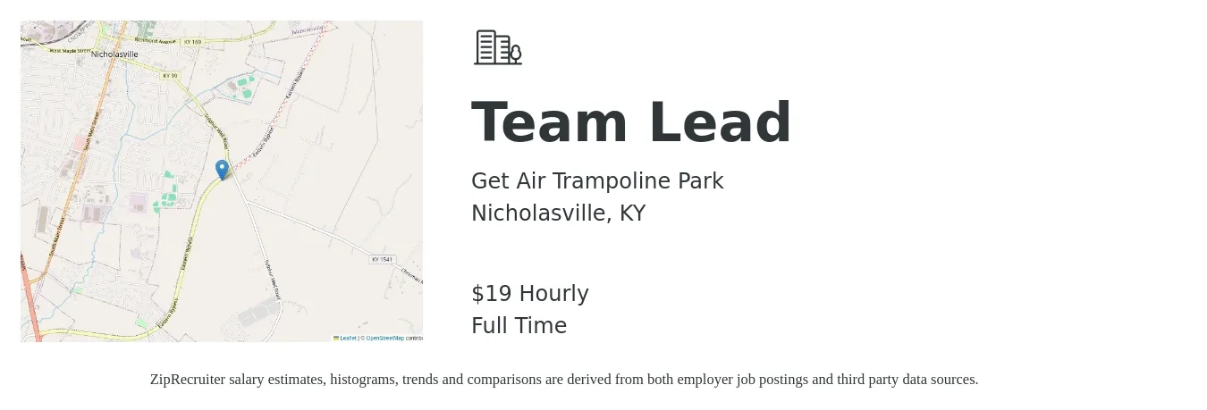Get Air Trampoline Park job posting for a Team Lead in Nicholasville, KY with a salary of $20 Hourly with a map of Nicholasville location.