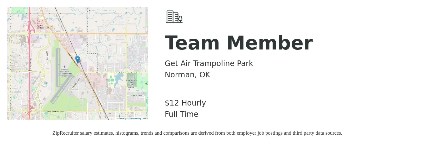 Get Air Trampoline Park job posting for a Team Member in Norman, OK with a salary of $13 Hourly with a map of Norman location.
