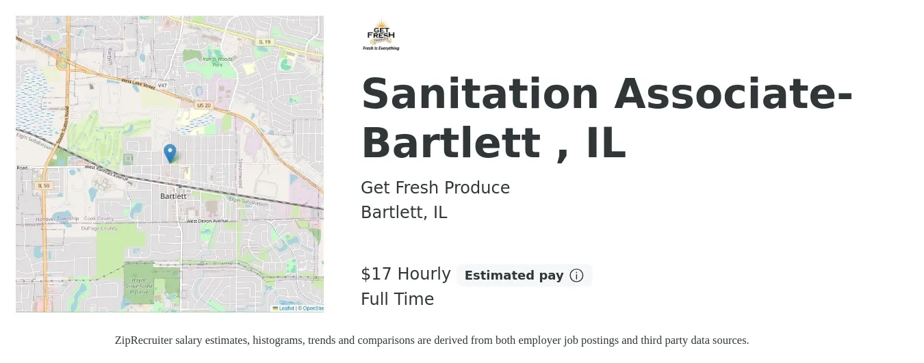 Get Fresh Produce job posting for a Sanitation Associate- Bartlett , IL in Bartlett, IL with a salary of $18 Hourly with a map of Bartlett location.
