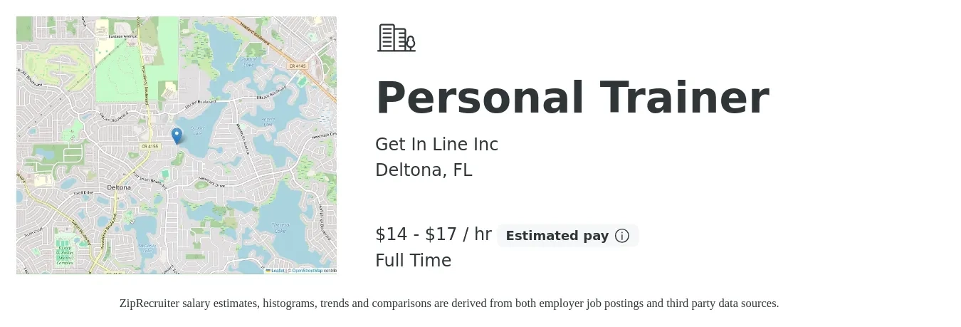 Get In Line Inc job posting for a Personal Trainer in Deltona, FL with a salary of $15 to $18 Hourly with a map of Deltona location.