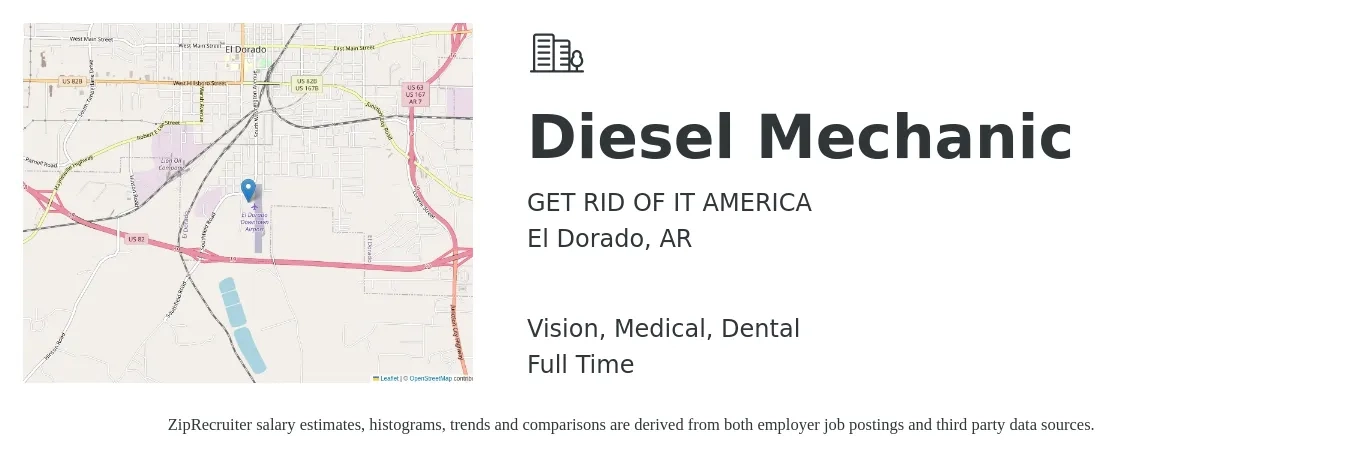 GET RID OF IT AMERICA job posting for a Diesel Mechanic in El Dorado, AR with a salary of $22 to $29 Hourly and benefits including medical, vision, dental, and life_insurance with a map of El Dorado location.