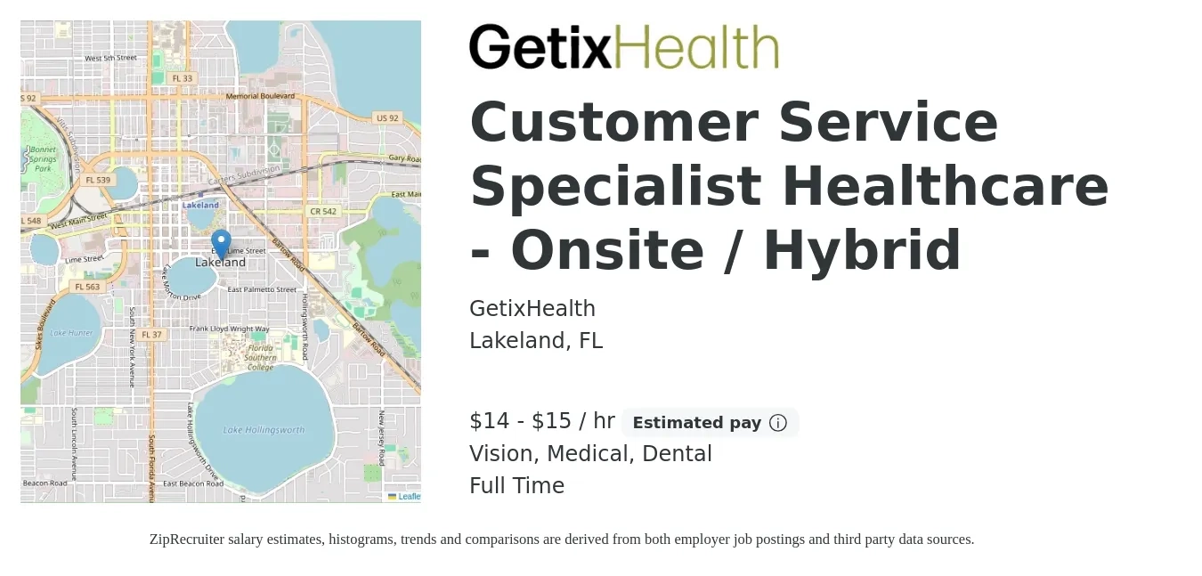GetixHealth job posting for a Customer Service Specialist Healthcare - Onsite / Hybrid in Lakeland, FL with a salary of $16 to $16 Hourly and benefits including dental, life_insurance, medical, pto, retirement, and vision with a map of Lakeland location.