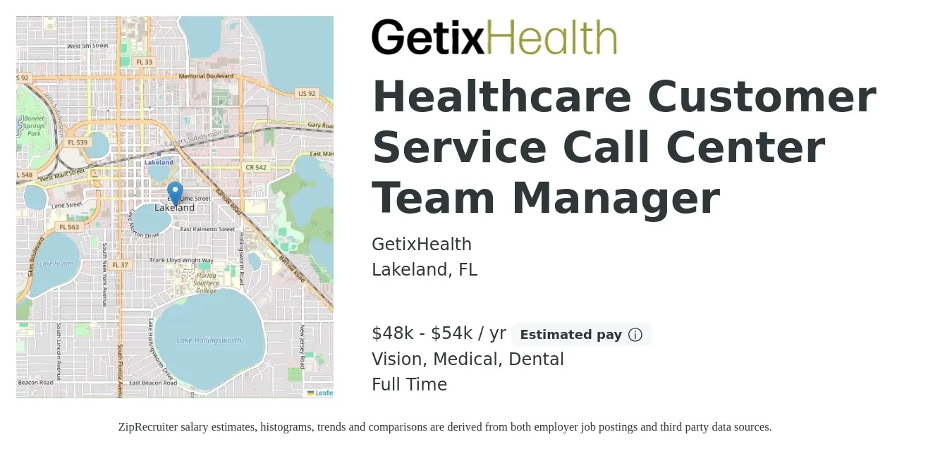 GetixHealth job posting for a Healthcare Customer Service Call Center Team Manager in Lakeland, FL with a salary of $48,000 to $54,000 Yearly and benefits including retirement, vision, dental, life_insurance, medical, and pto with a map of Lakeland location.
