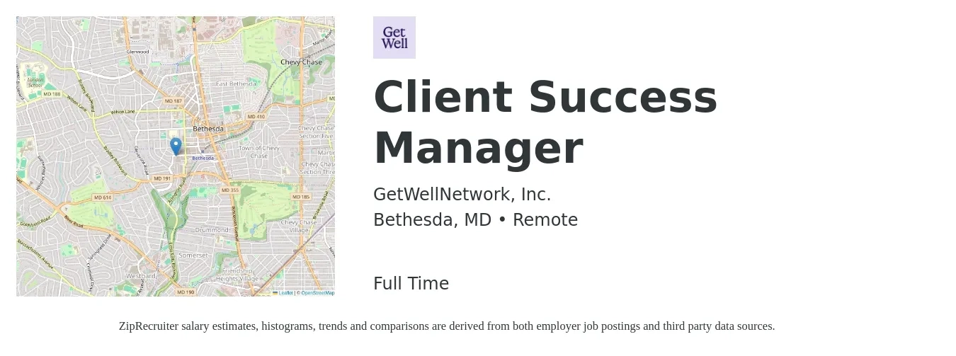 GetWellNetwork, Inc. job posting for a Client Success Manager in Bethesda, MD with a salary of $80,000 to $90,000 Yearly with a map of Bethesda location.