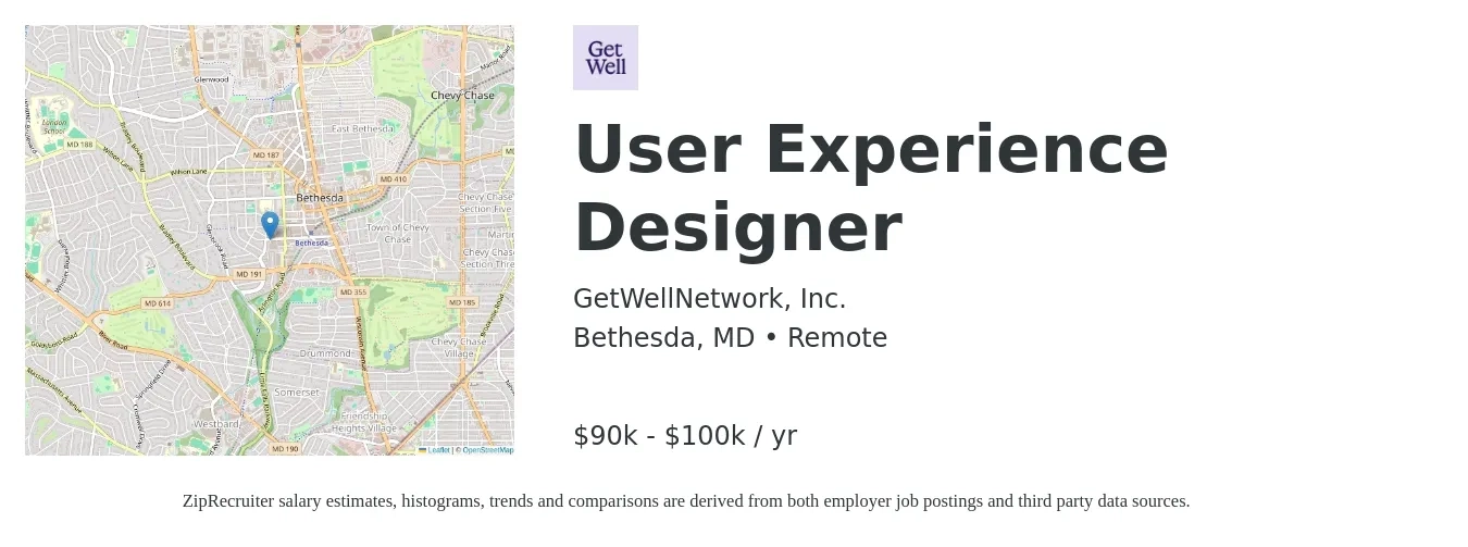 GetWellNetwork, Inc. job posting for a User Experience Designer in Bethesda, MD with a salary of $90,000 to $100,000 Yearly with a map of Bethesda location.