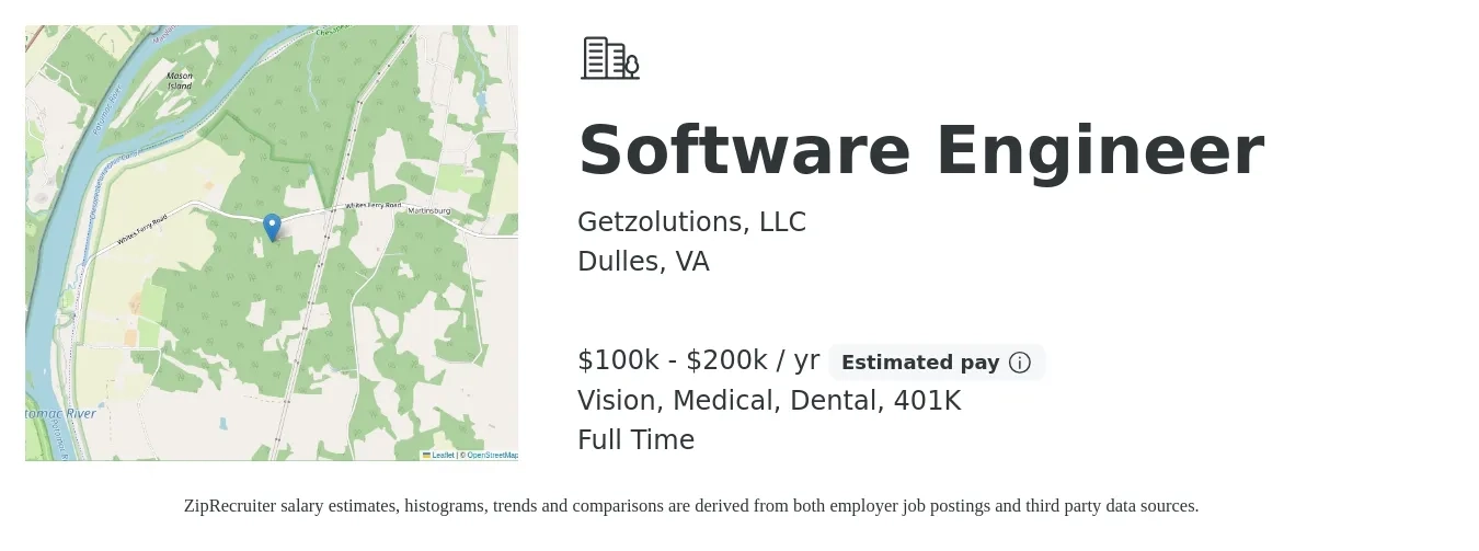 Getzolutions, LLC job posting for a Software Engineer in Dulles, VA with a salary of $100,000 to $200,000 Yearly and benefits including medical, vision, 401k, dental, and life_insurance with a map of Dulles location.