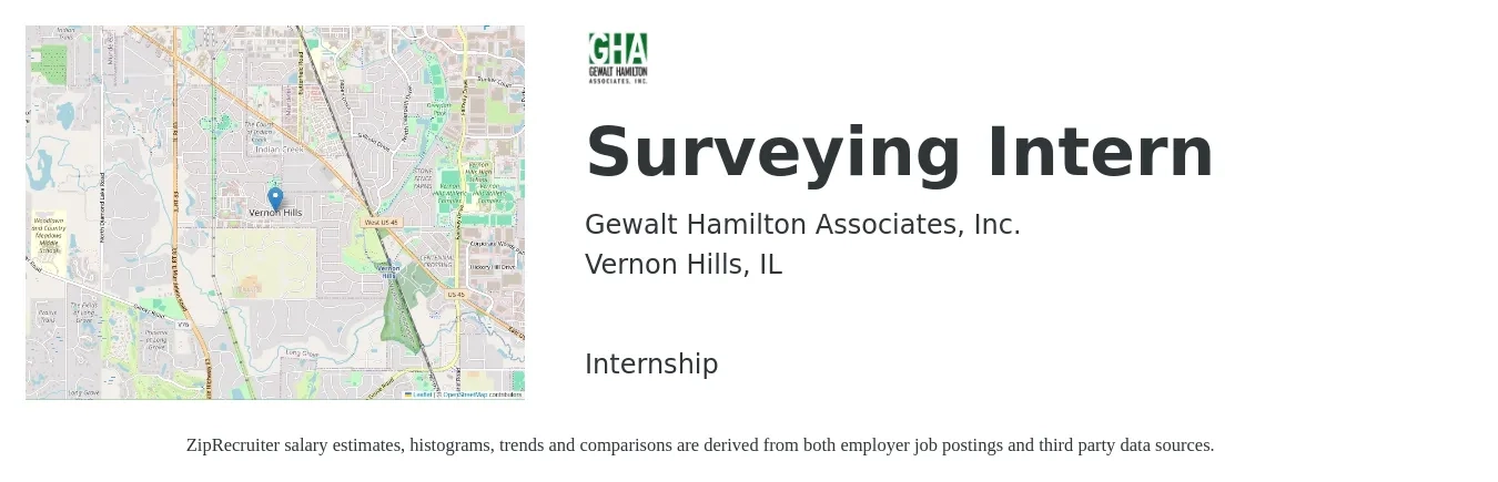 Gewalt Hamilton Associates, Inc. job posting for a Surveying Intern in Vernon Hills, IL with a salary of $14 to $22 Hourly with a map of Vernon Hills location.