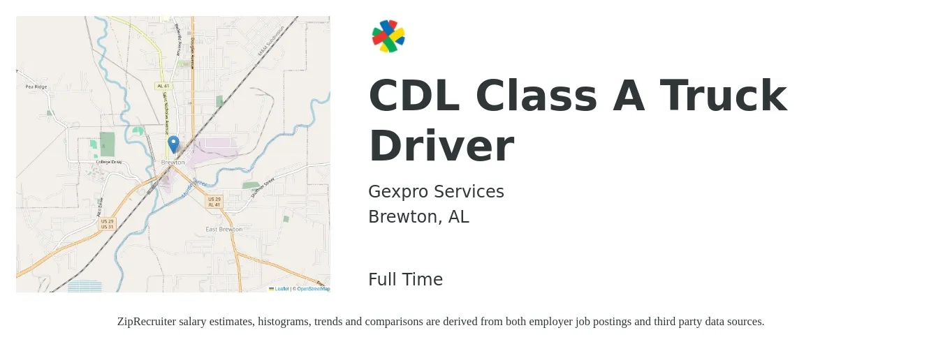 Gexpro Services job posting for a CDL Class A Truck Driver in Brewton, AL with a salary of $950 to $1,370 Weekly with a map of Brewton location.