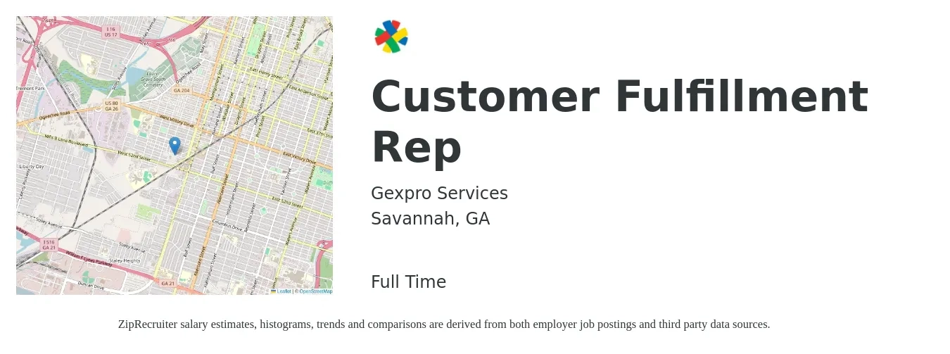 Gexpro Services job posting for a Customer Fulfillment Rep in Savannah, GA with a salary of $15 to $20 Hourly with a map of Savannah location.