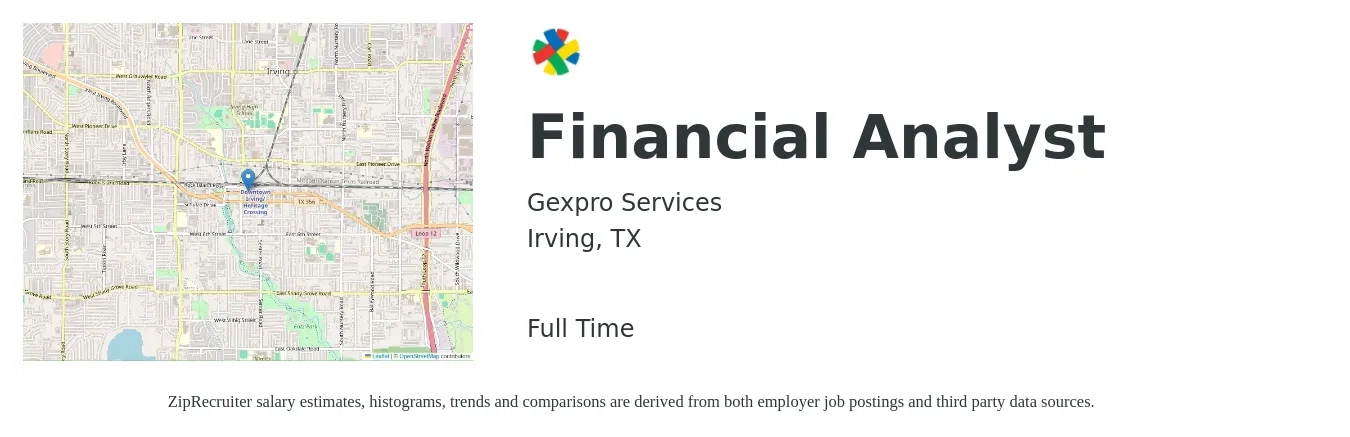 Gexpro Services job posting for a Financial Analyst in Irving, TX with a salary of $64,500 to $101,900 Yearly with a map of Irving location.