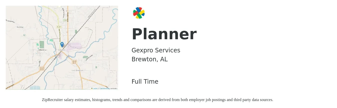 Gexpro Services job posting for a Planner in Brewton, AL with a salary of $55,000 to $65,000 Yearly with a map of Brewton location.