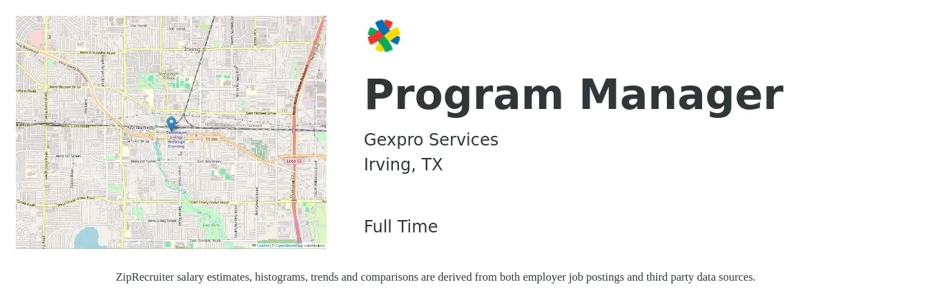 Gexpro Services job posting for a Program Manager in Irving, TX with a salary of $73,300 to $122,200 Yearly with a map of Irving location.