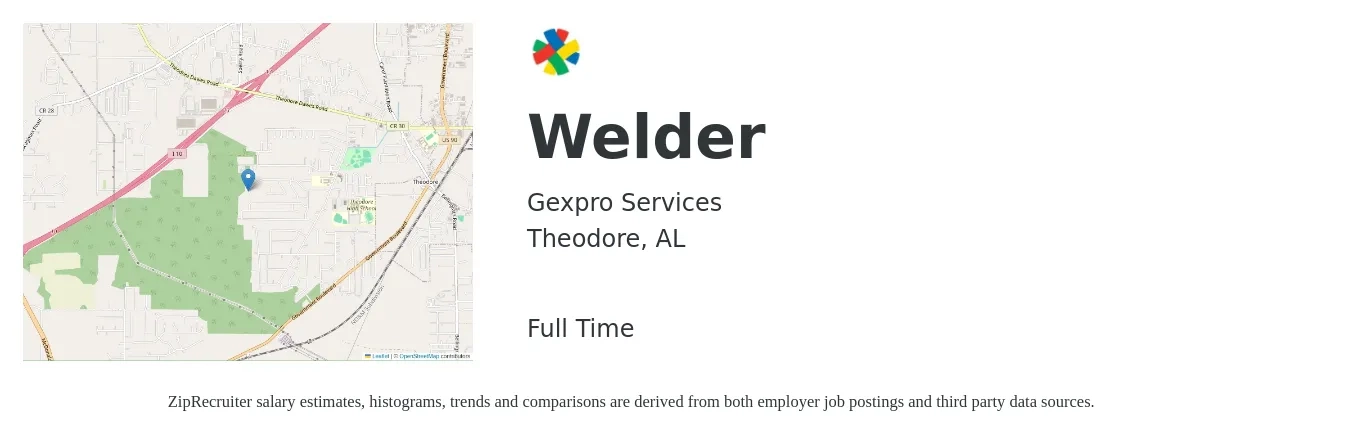 Gexpro Services job posting for a Welder in Theodore, AL with a salary of $18 to $24 Hourly with a map of Theodore location.