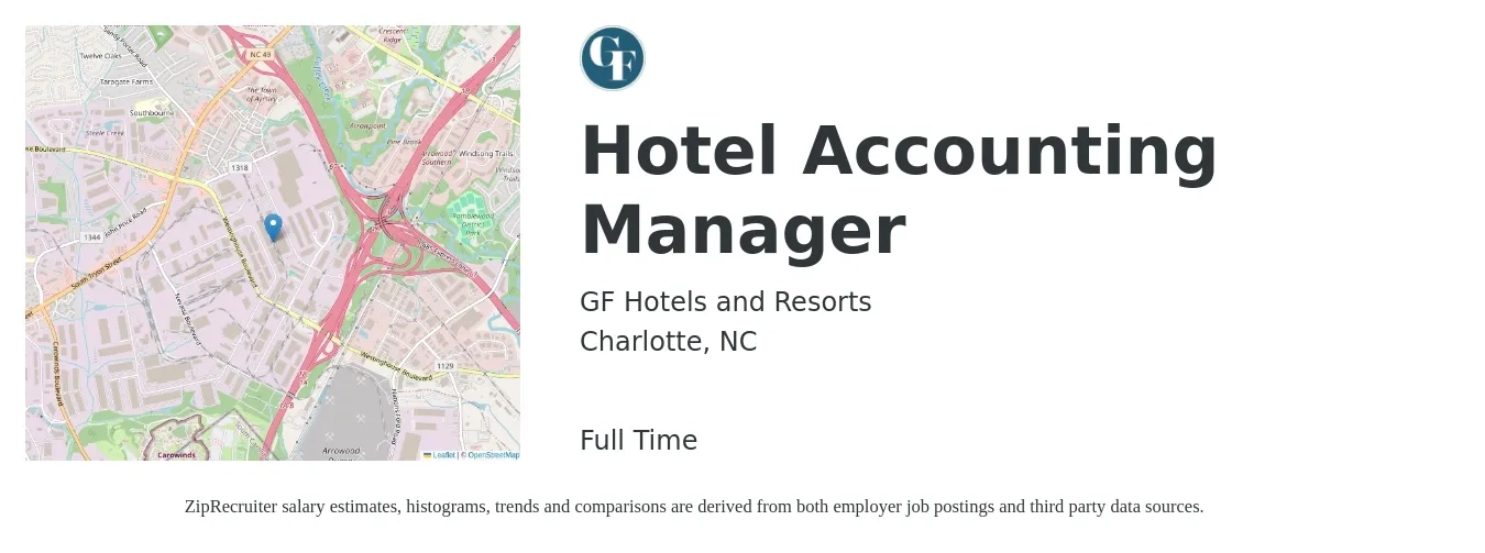 GF Hotels and Resorts job posting for a Hotel Accounting Manager in Charlotte, NC with a salary of $76,200 to $109,400 Yearly with a map of Charlotte location.