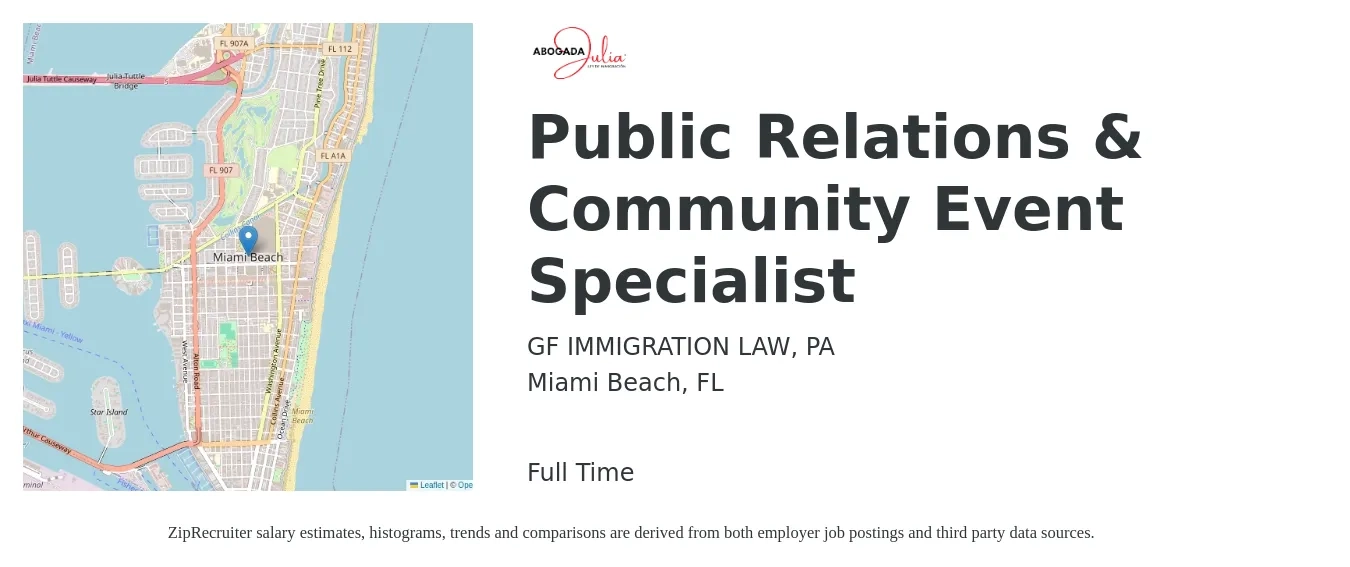 GF IMMIGRATION LAW, PA job posting for a Public Relations & Community Event Specialist in Miami Beach, FL with a salary of $51,400 to $73,100 Yearly with a map of Miami Beach location.