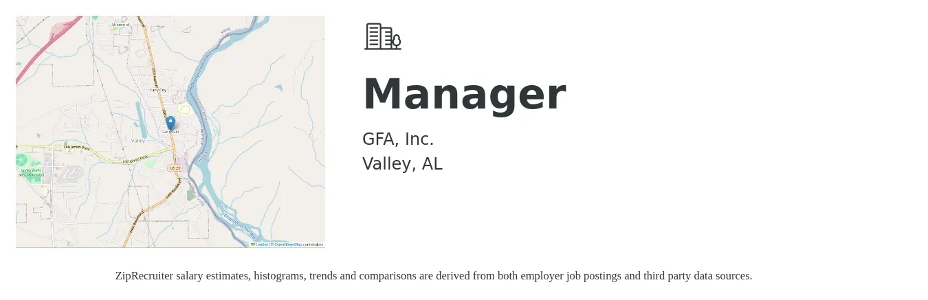GFA, Inc. job posting for a Manager in Valley, AL with a salary of $39,800 to $92,700 Yearly with a map of Valley location.