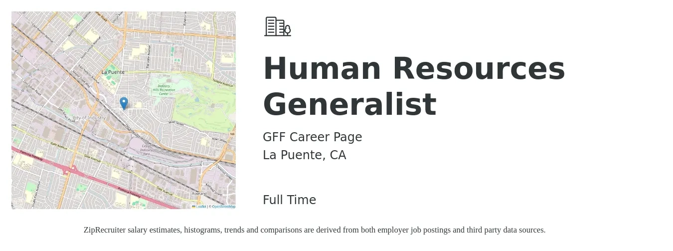 GFF Career Page job posting for a Human Resources Generalist in La Puente, CA with a salary of $52,500 to $74,700 Yearly with a map of La Puente location.
