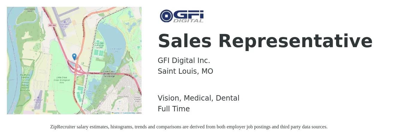 GFI Digital Inc. job posting for a Sales Representative in Saint Louis, MO with a salary of $52,000 to $90,400 Yearly and benefits including vision, dental, life_insurance, medical, and retirement with a map of Saint Louis location.