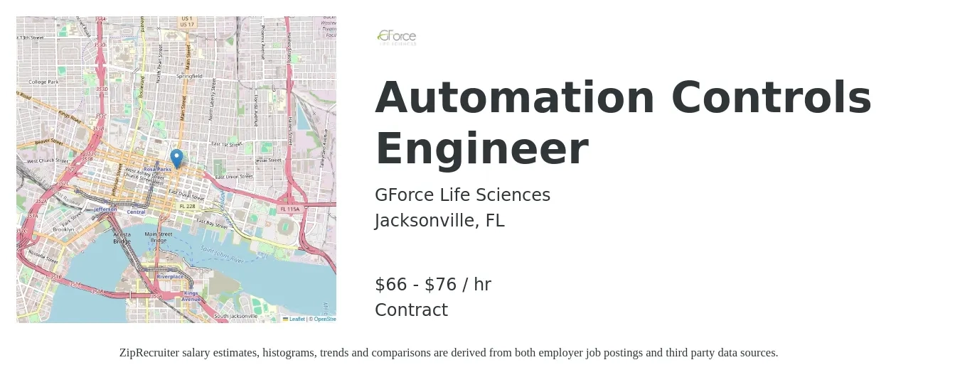 GForce Life Sciences job posting for a Automation Controls Engineer in Jacksonville, FL with a salary of $69 to $80 Hourly with a map of Jacksonville location.