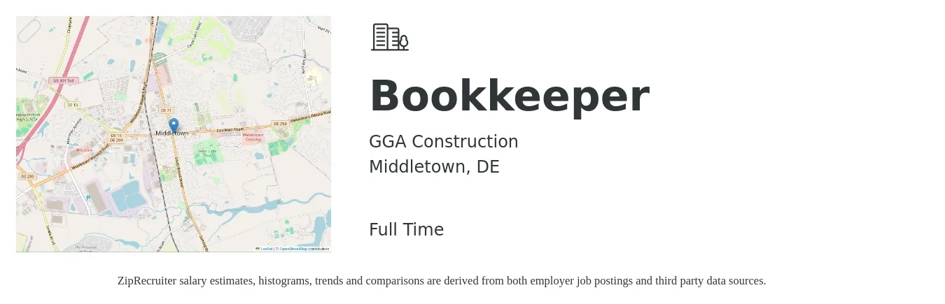 GGA Construction job posting for a Bookkeeper in Middletown, DE with a salary of $19 to $27 Hourly with a map of Middletown location.