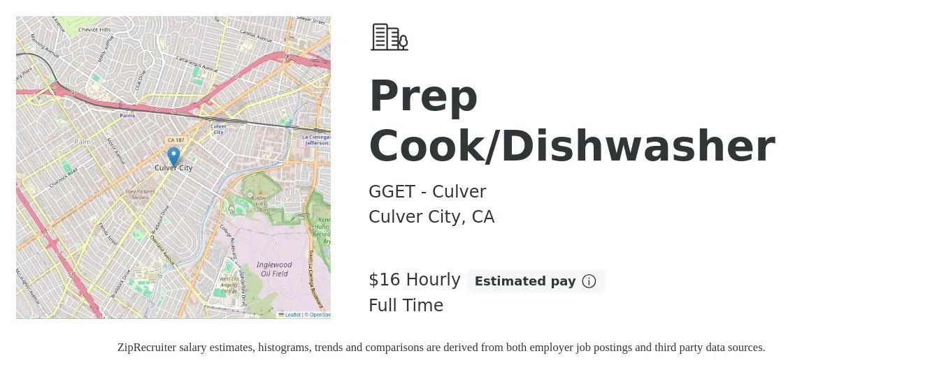 GGET - Culver job posting for a Prep Cook/Dishwasher in Culver City, CA with a salary of $17 Hourly with a map of Culver City location.