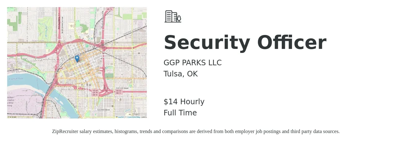 GGP PARKS LLC job posting for a Security Officer in Tulsa, OK with a salary of $16 Hourly with a map of Tulsa location.