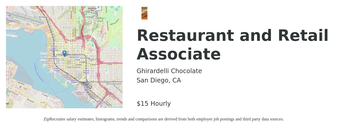 Ghirardelli Chocolate Company job posting for a Restaurant and Retail Associate in San Diego, CA with a salary of $16 Hourly with a map of San Diego location.