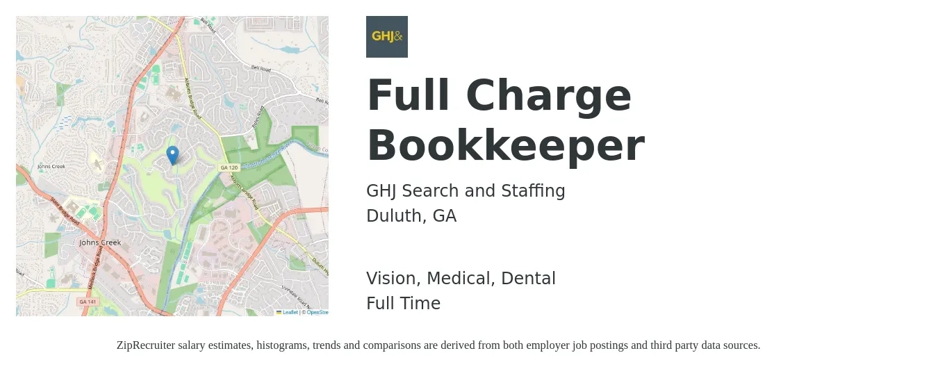 GHJ Search and Staffing job posting for a Full Charge Bookkeeper in Duluth, GA with a salary of $46,000 to $61,700 Yearly and benefits including life_insurance, medical, retirement, vision, and dental with a map of Duluth location.