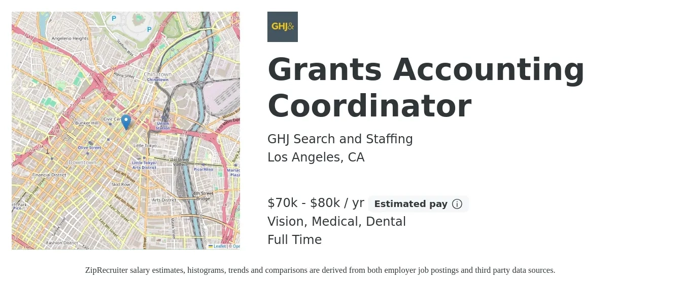 GHJ Search and Staffing job posting for a Grants Accounting Coordinator in Los Angeles, CA with a salary of $70,000 to $80,000 Yearly and benefits including life_insurance, medical, pto, retirement, vision, and dental with a map of Los Angeles location.