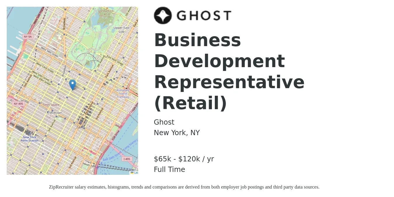 Ghost job posting for a Business Development Representative (Retail) in New York, NY with a salary of $65,000 to $120,000 Yearly with a map of New York location.