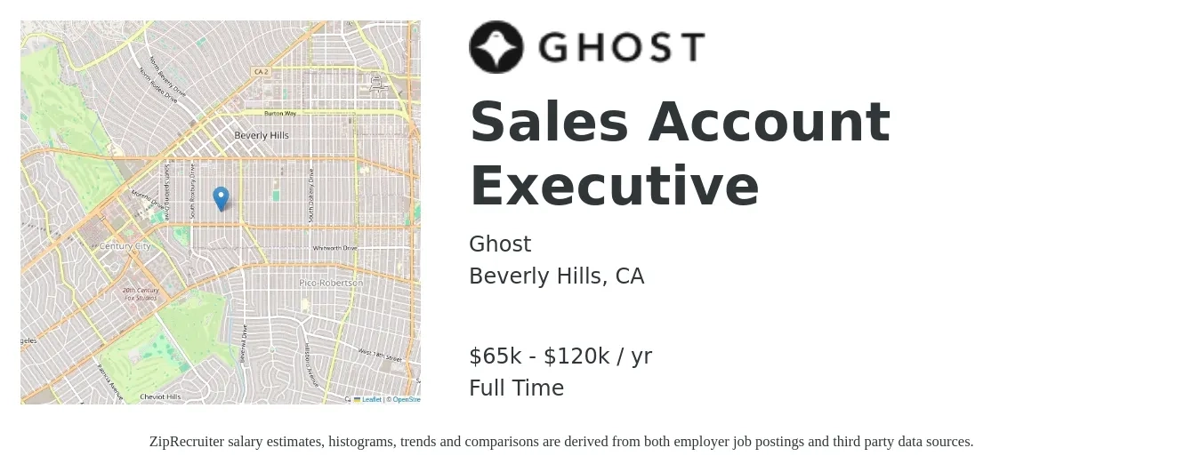 Ghost job posting for a Sales Account Executive in Beverly Hills, CA with a salary of $65,000 to $120,000 Yearly with a map of Beverly Hills location.