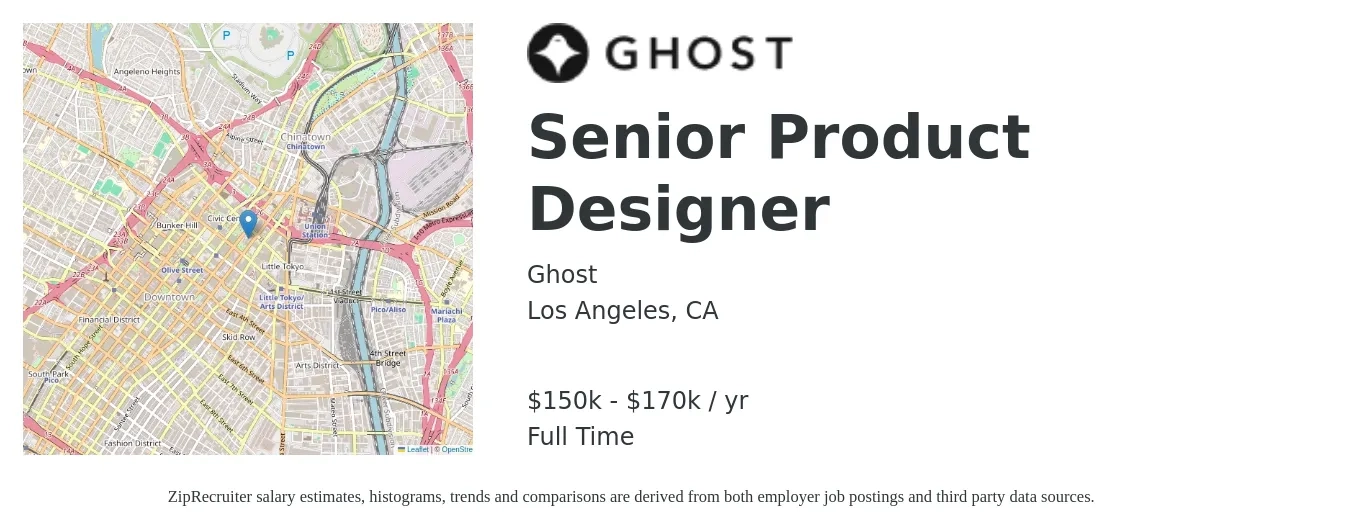 Ghost job posting for a Senior Product Designer in Los Angeles, CA with a salary of $150,000 to $170,000 Yearly with a map of Los Angeles location.